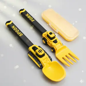 Construction Truck Kids Spoon Fork Set with Storage Case Soft Handle Fun Oil Tank Design Vibrant Yellow Black Self Feeding Tools for Toddlers