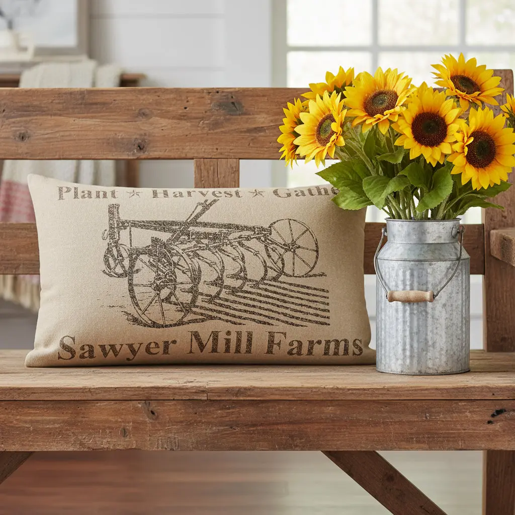 Farmstead Charcoal Plow Harvest Cotton Throw Pillow, Rustic Appeal Design, Button Closure, Hand Wash Only