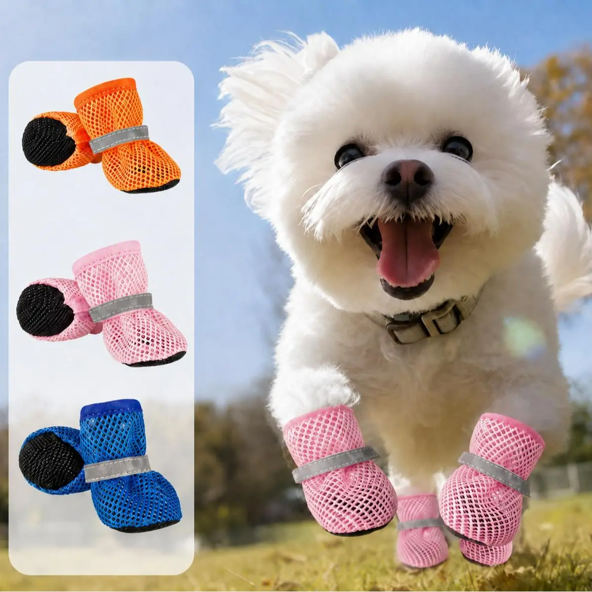 4PCS Small Dog Outdoor Booties, Breathable Mesh Dog Shoes for Walking, Non-Slip Lightweight Paw Protection with Reflective Adjustable Straps hot pavement cold weather protection cute pet accessories petite boot cat clothing supply sun clothes