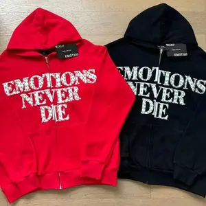 Mixed Emotion Zipper Hoodie Thin Pure Cotton Print Diamond Pattern Casual Streetwear Sweatshirt Red