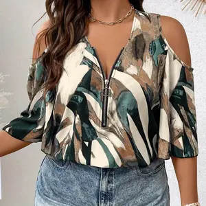 Women's plus size summer print V-neck shirt with front zipper, off shoulder, seven quarter sleeve casual vacation top