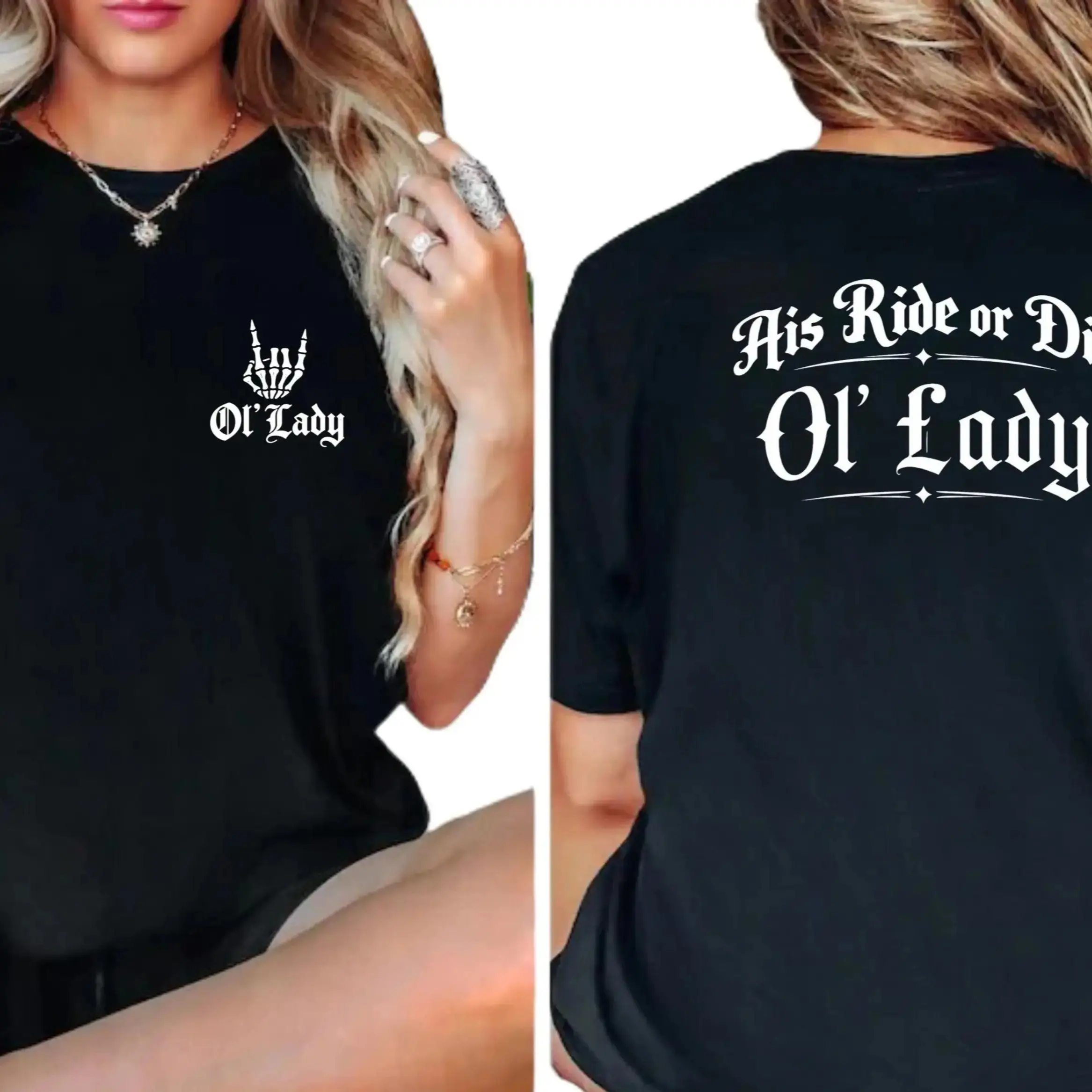 Women's Short-Sleeve Biker-Style T-Shirt (His Ride or Die Ol’ Lady Theme) — Western Gothic Style; a distinctive biker-inspired top for casual everyday wear