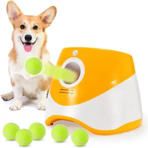 Automatic Ball Launcher for Dogs, USB Rechargeable with 3 Distances (10/20/30 ft), Safety LED Indicator, Include 6 Tennis Balls, Indoor/Outdoor Fetch Toy for Small/Medium Dogs