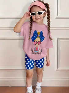 Girls' Summer Short Sleeve Set, Gradient Unicorn Print Tee & Cycling Shorts, Casual Two-Piece, Asymmetrical Design, Natural Waist