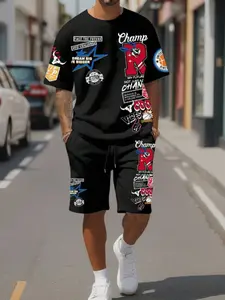 Men's 2 piece streetwear set, Matching Sporty Outfit, Champ graphic print T-shirt and shorts set, basketball and star patch design, loose summer sportswear, American street sports, fitness, outdoor leisure, vacation, holiday gift