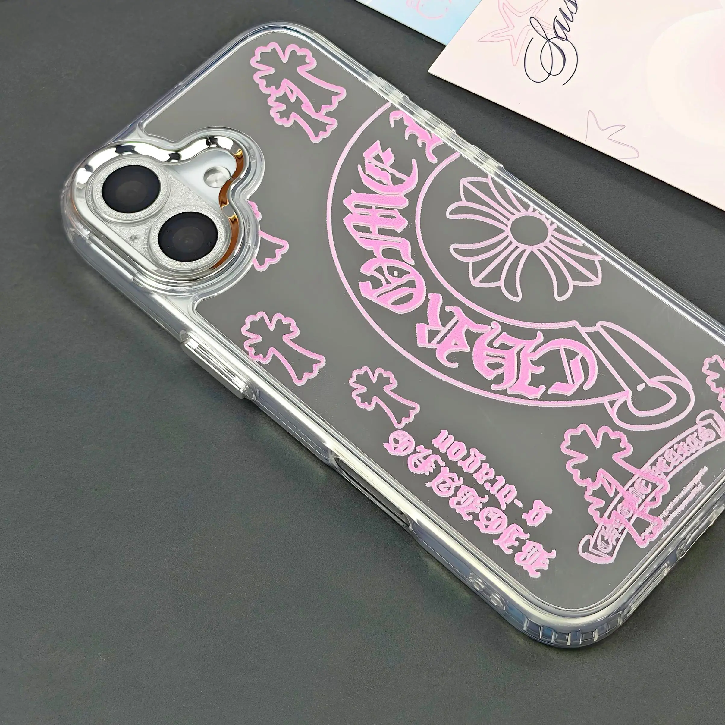 Compatible with iPhone 17 / 16 / 15 / 14 / 13 / Pro Max / Pro / Plus: Cute glossy mirror-finish back cover with a crosshatch pattern, providing premium shock-resistant protection for the iPhone 17 Pro Max—a phone case perfect for women and girls (Pink)