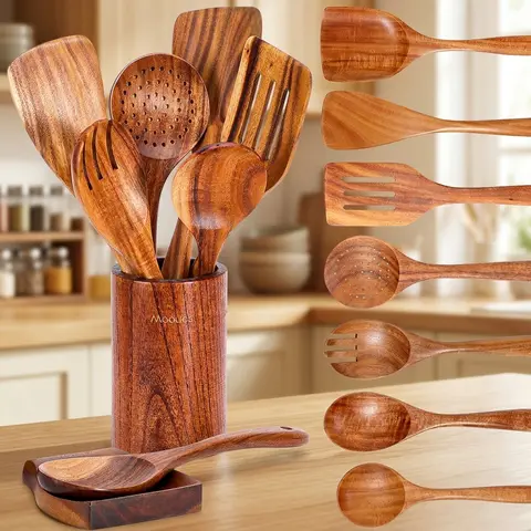 Mooues Natural Teak Wooden Kitchen Utensils Set - 3-15 Piece Safe Eco-Friendly Kitchen Gadgets with Comfort-Grip Spoons, Spatulas, Holes for Hanging, Wooden Cooking Tools for Home Cooking, with Rack