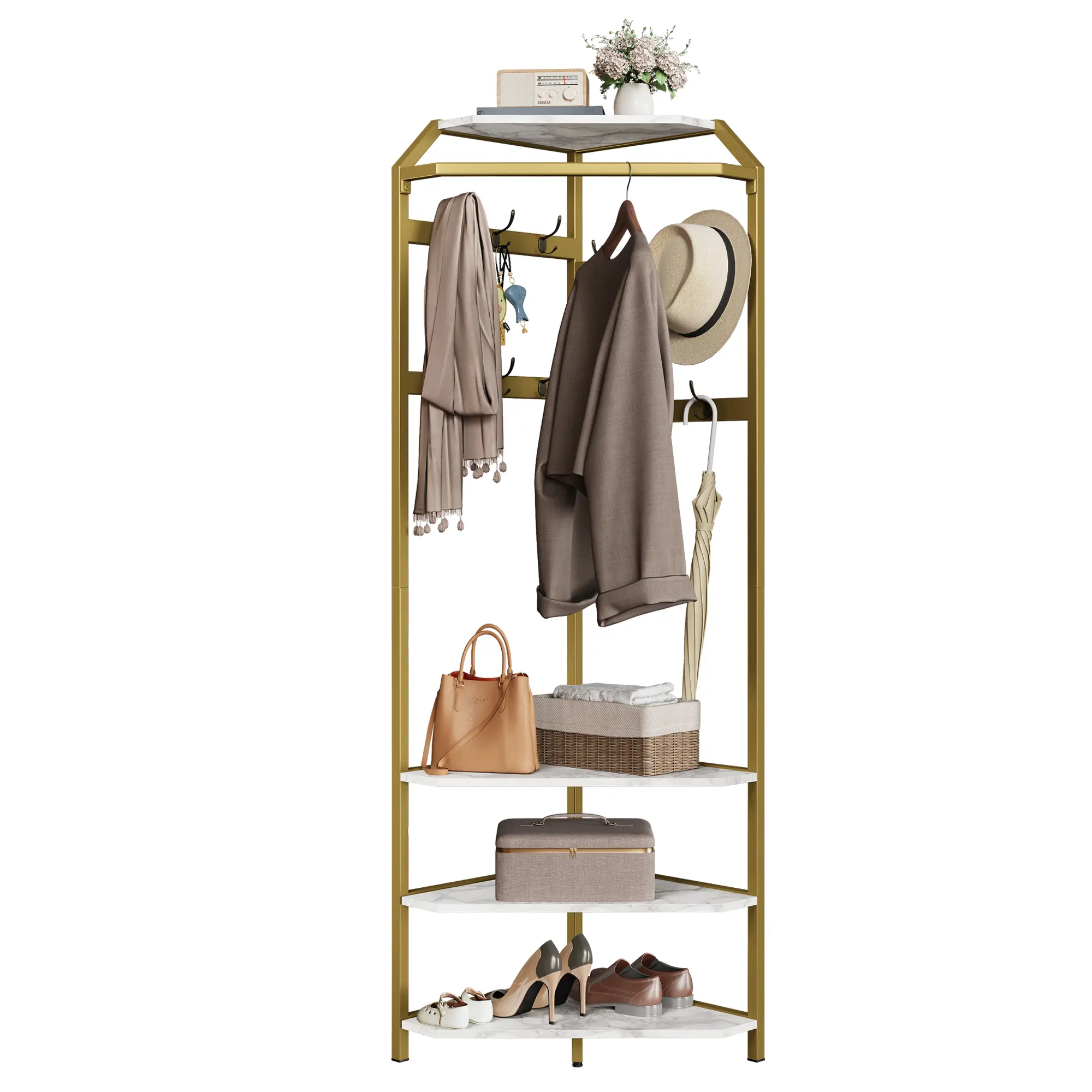 90-Degree Corner Hall Tree Coat Rack with Metal Frame, 6 Double Hooks, Hanging Rod, Shoe Bench, Anti-Tip Kit - Easy Setup for Bedrooms, Available in Gold or Stone Grey