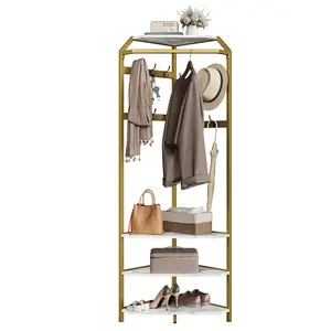 Corner coat rack hall tree with 6 double hooks, hanging rod, and shoe bench. Fits 90-degree corners. Available in gold or stone grey.