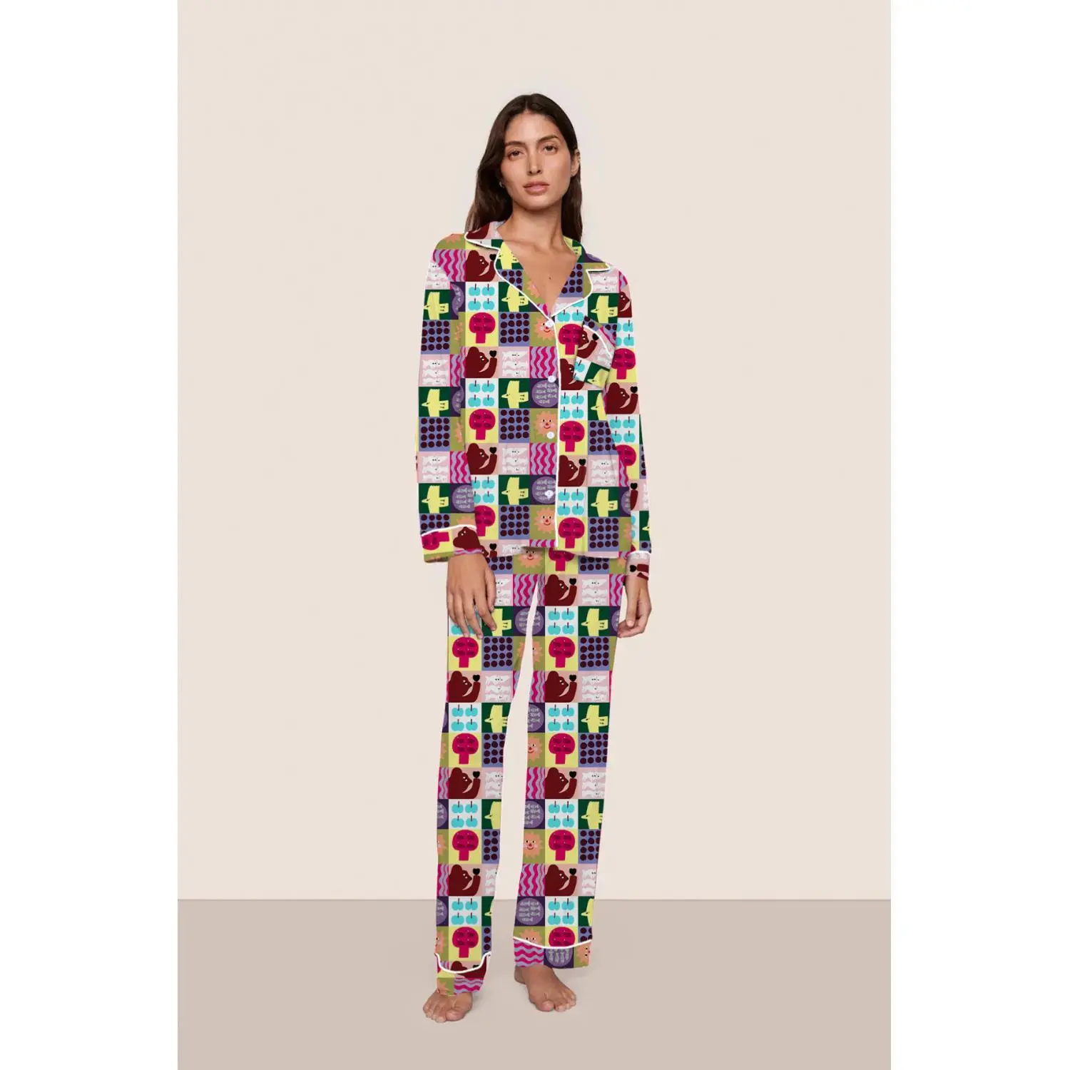 Adorable Cartoon Print Patchwork Long Sleeve & Pants Pajama Set, Cozy Lapel Loose Fit Loungewear with Cute Animal & Fruit Patterns, Casual 2-Piece Sleepwear