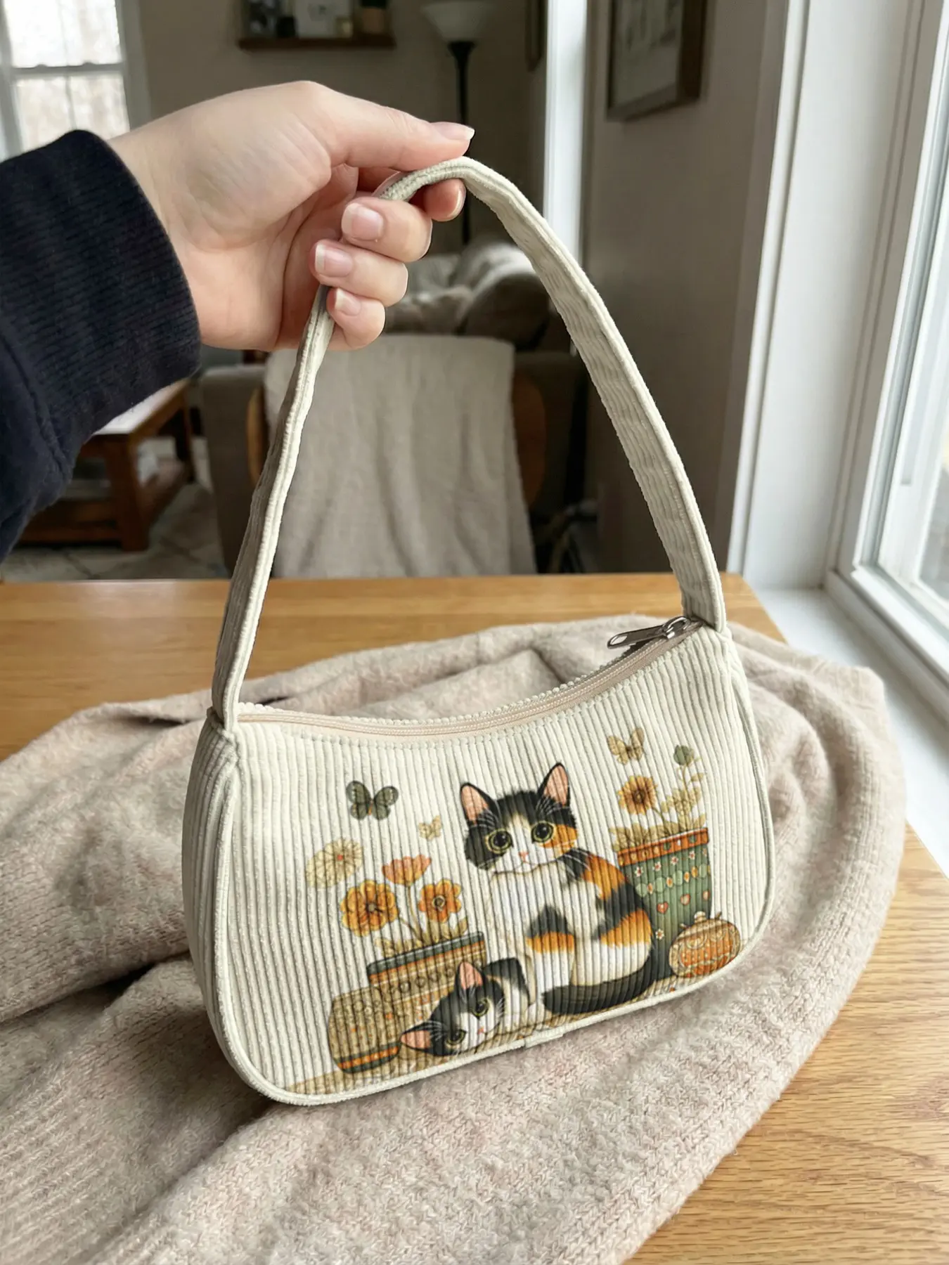 Cat Pattern 2D Print Shoulder Bag, Corduroy Underarm Bag, Vintage Style, Casual Daily Use, Dating, Shopping, Travel, All Seasons