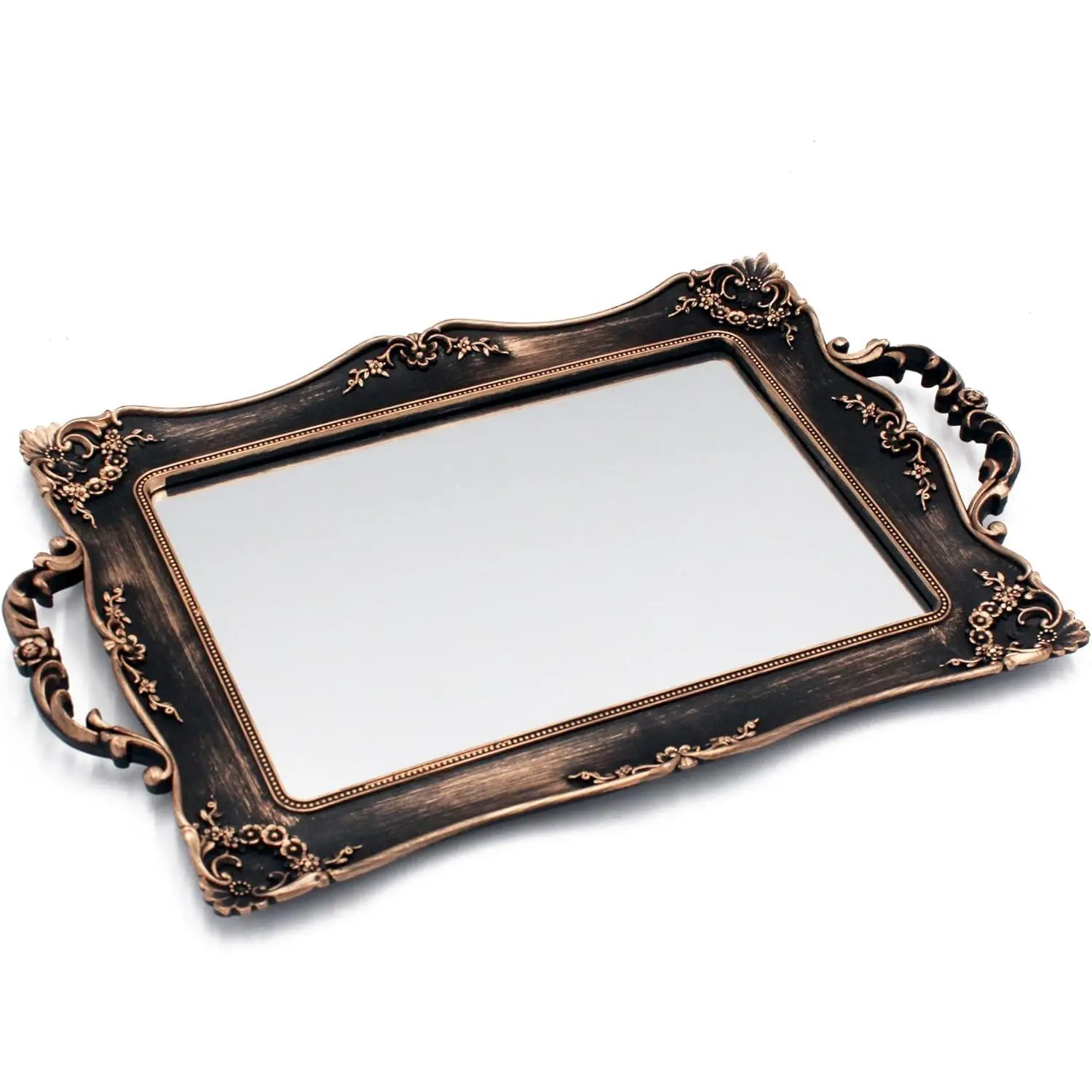 Antique Decorative Gold Framed Square Mirror Tray, Jewelry & Cosmetics Organizer for Dresser, 9.5" W x 14.5" L (Bronze)