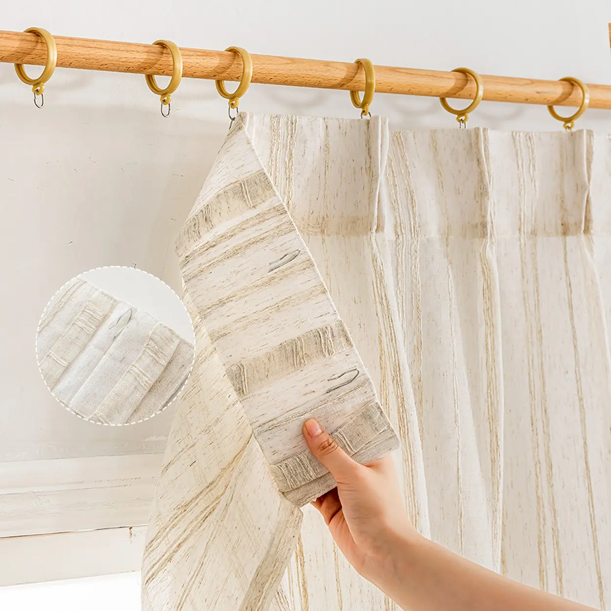2 Panels Minimalist Striped Sheer Linen-Look Pleated Curtains, Multi-Functional Hanging Styles, Ideal for Living Room and Bedroom, Bohemian Cream Oatmeal Pleated Window Drapes, Semi Sheer Curtain, Home Decoration Curtain, Home Decorative Curtain