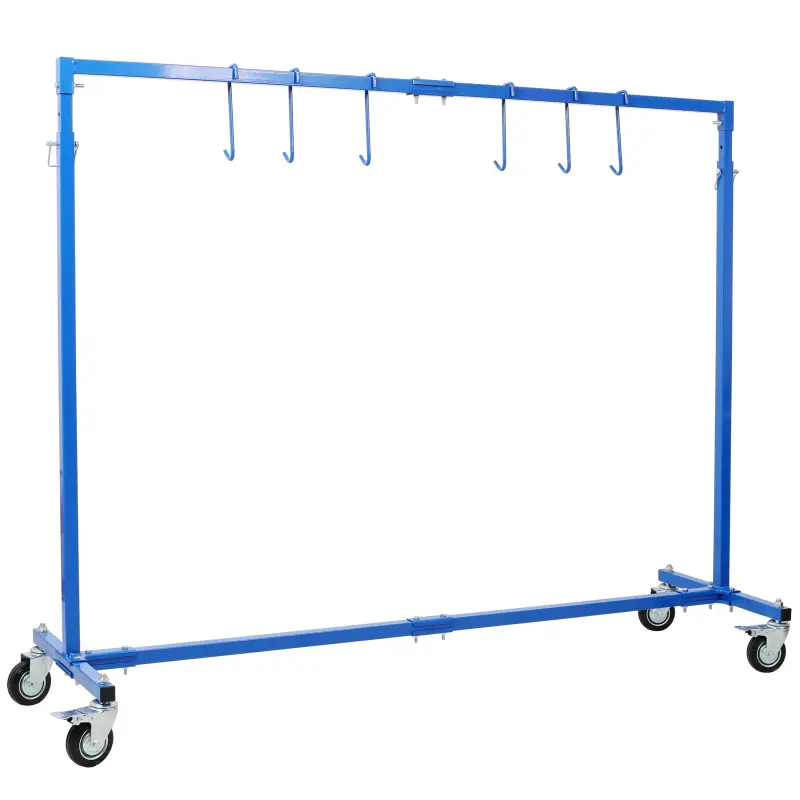 7 FT Stainless Steel Adjustable Height Paint Hanger Drying Rack - Mobile Rolling Stand for Auto Body Shops, 6 Hanging Hooks, Swivel Locking Wheels, Holds Freshly Spray-Painted Car Hoods/Doors/Parts, Blue