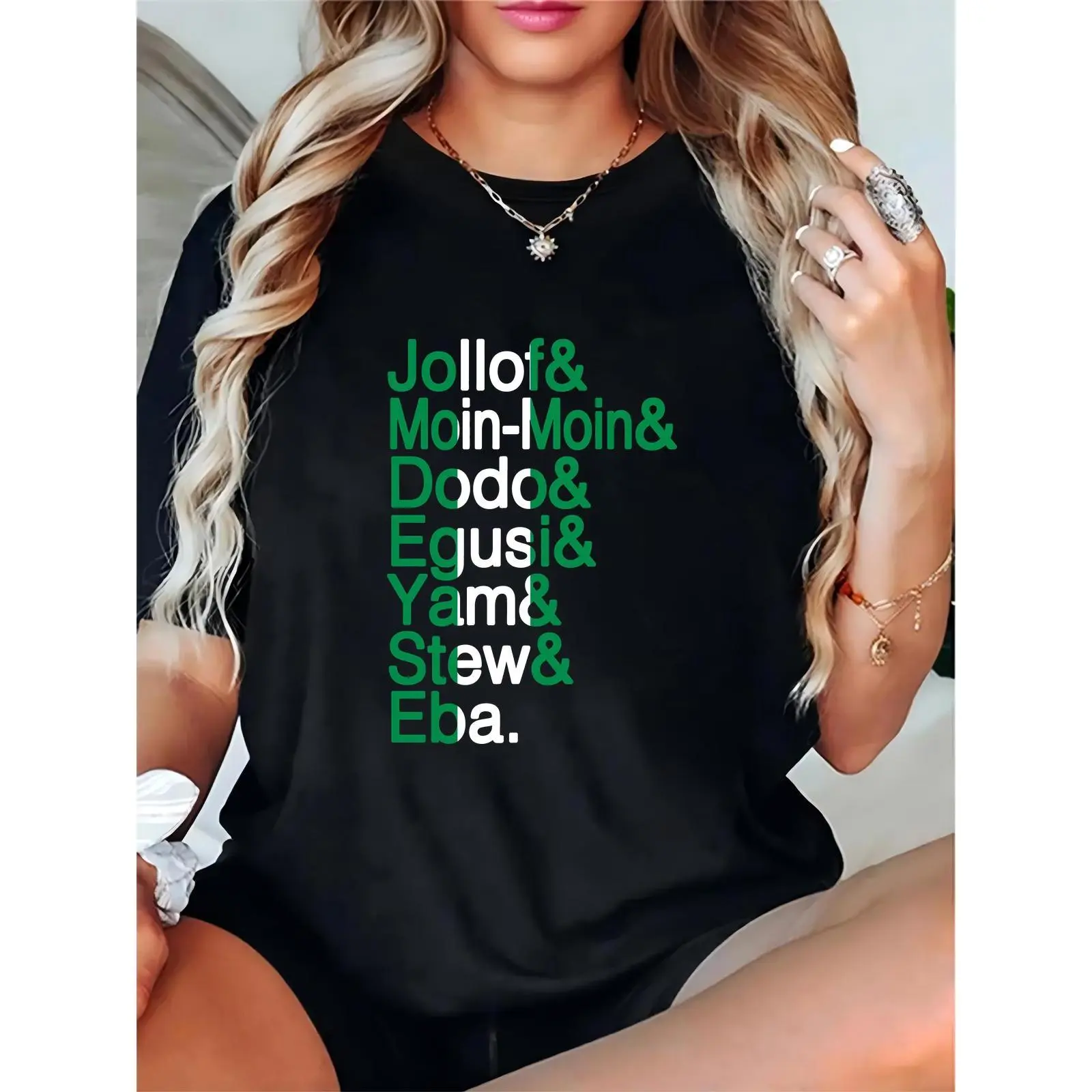 Women's 100% Cotton Short-Sleeve Round Neck Breathable T-Shirt Top - Black with Nigerian Traditional Food List (Jollof, Moin-Moin, Dodo, Egusi, Yam, Stew, Eba) for Cultural Food Enthusiasts, Fit, Crew Neck, Breathable Fabric, Pure Cotton, No