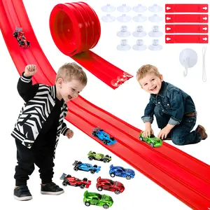 Kids 3-Lane Flexible Race Track Set with Die-Cast Cars, Long Bendable Racing Track with Suction Cups, Compatible with 1:64 Cars, Fast Sliding Ramp Toy Gift for Boys & Girls