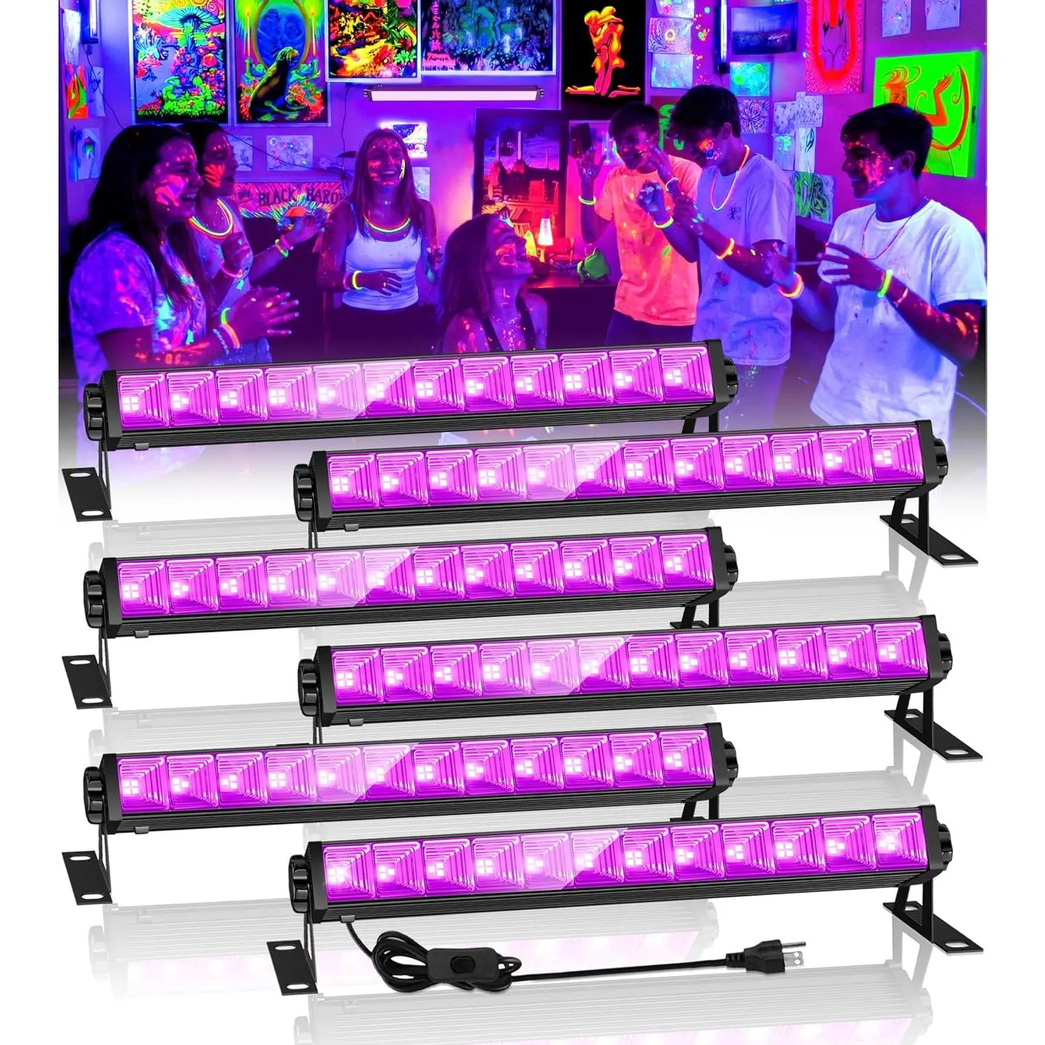 42W 6 Pack LED Black Light Bar, Blacklight Light Up to Lagre Area with 6ft Cable Switch Plug, Glow Party Light Supply for Halloween Fluorescent Poster Body Paint Birthday Classroom Bedroom
