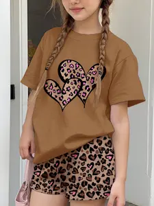 Summer Fashion Girls Casual Simple Short Sleeve Top and Shorts Set Two-Piece, Leopard Print Colorblock Design, Kids Toddler Wear, Children, Girl Clothes School, Summer Clothing Set, Fashion Style Sets