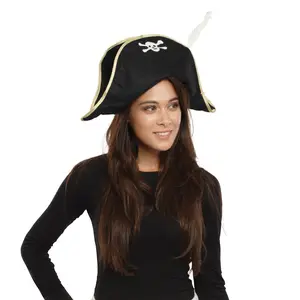 Foldable Pirate Hat For Adult | Black Felt Tricorn Costume Hat with Gold Trim - Pirate Dress Up Accessory for Cosplay, Halloween & Fantasy Party