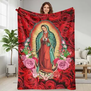Religious Virgin Mary Flannel Blanket Rose Pattern Spiritual Artwork Soft Warm Cozy Durable Decorative Throw Blanket for Bedroom Living Room Worship Space Gift Collection Home Decor,summerwins