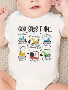 Baby Boy "God Says I Am" Construction Truck Graphic Bodysuit - Short Sleeve Cotton Faith-Based Onesie for Infants