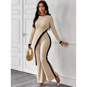An Elegant Polyester Jumpsuit For Women - T-shirt And Flared Pants Set With Asymmetric Hem, Crew Neck Design, Knitted Fabric, Solid Color Suitable For Spring And Autumn Womenswear Asymmetrical