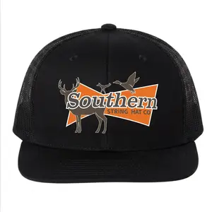 Southern String Hat Co. Hunting Trucker Cap - Black Mesh Back Snapback - Deer, Duck & Hound Outdoor Graphic Hat - Premium Sportsman Gift