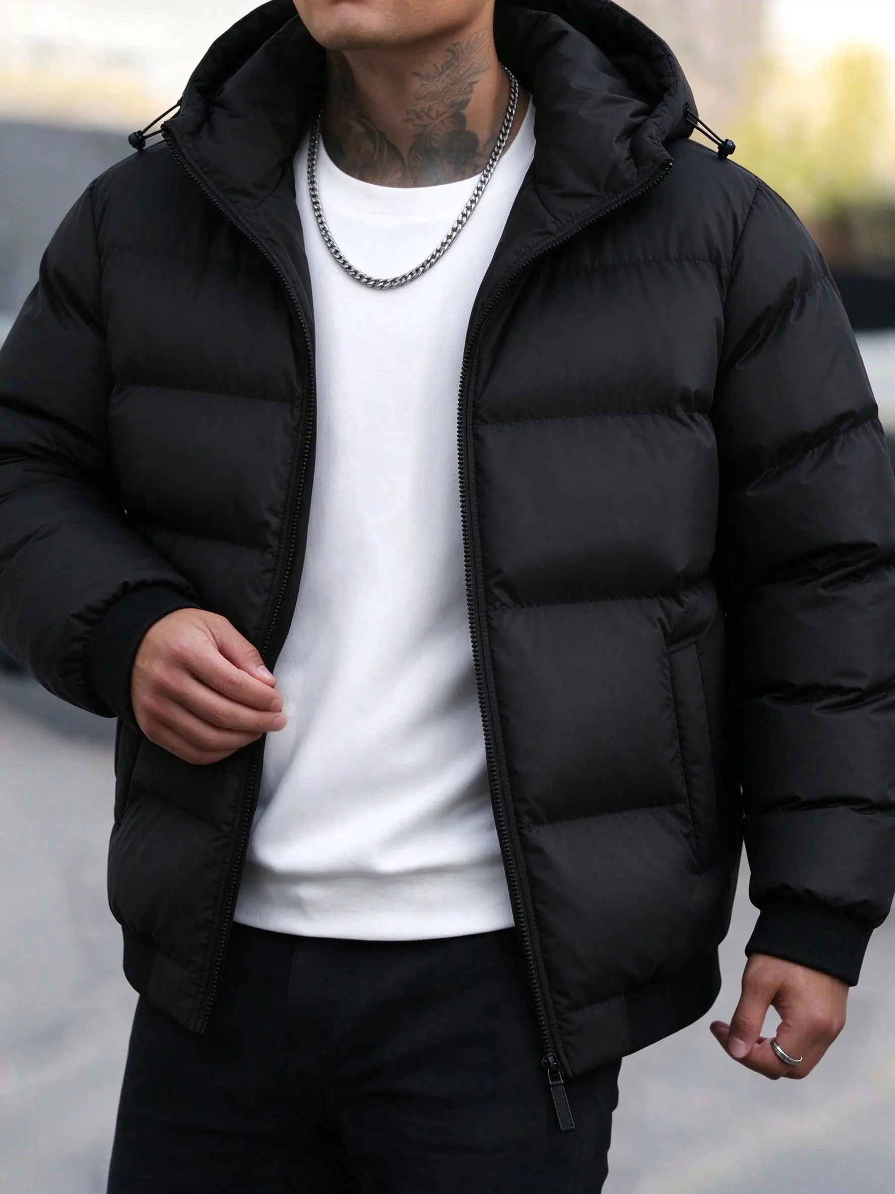 Men's Casual Plain Longsleeves Hooded Quilted Padded Insulated Large Jacket - Full-Zip Front, Horizontal Quilted Padding, Ribbed Cuffs, Side Welt Pockets, Drawstring Hood, Relaxed Fit, Warm Winter Outerwear (Jackets Zip Up)