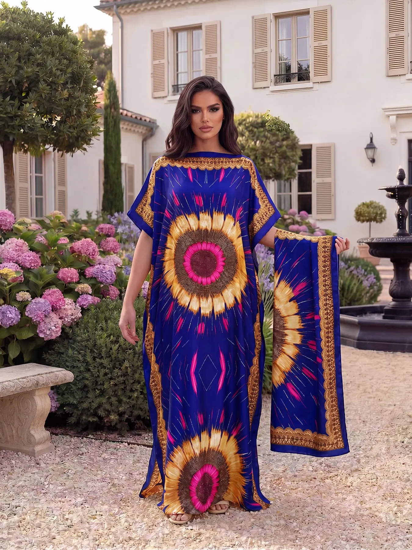 Elegant Sunflower Print Floral Moo Moo Long Dress Set, Sleeveless Wraparound Design, Summer Beachwear, Lightweight & Breathable Fabric, Lady
