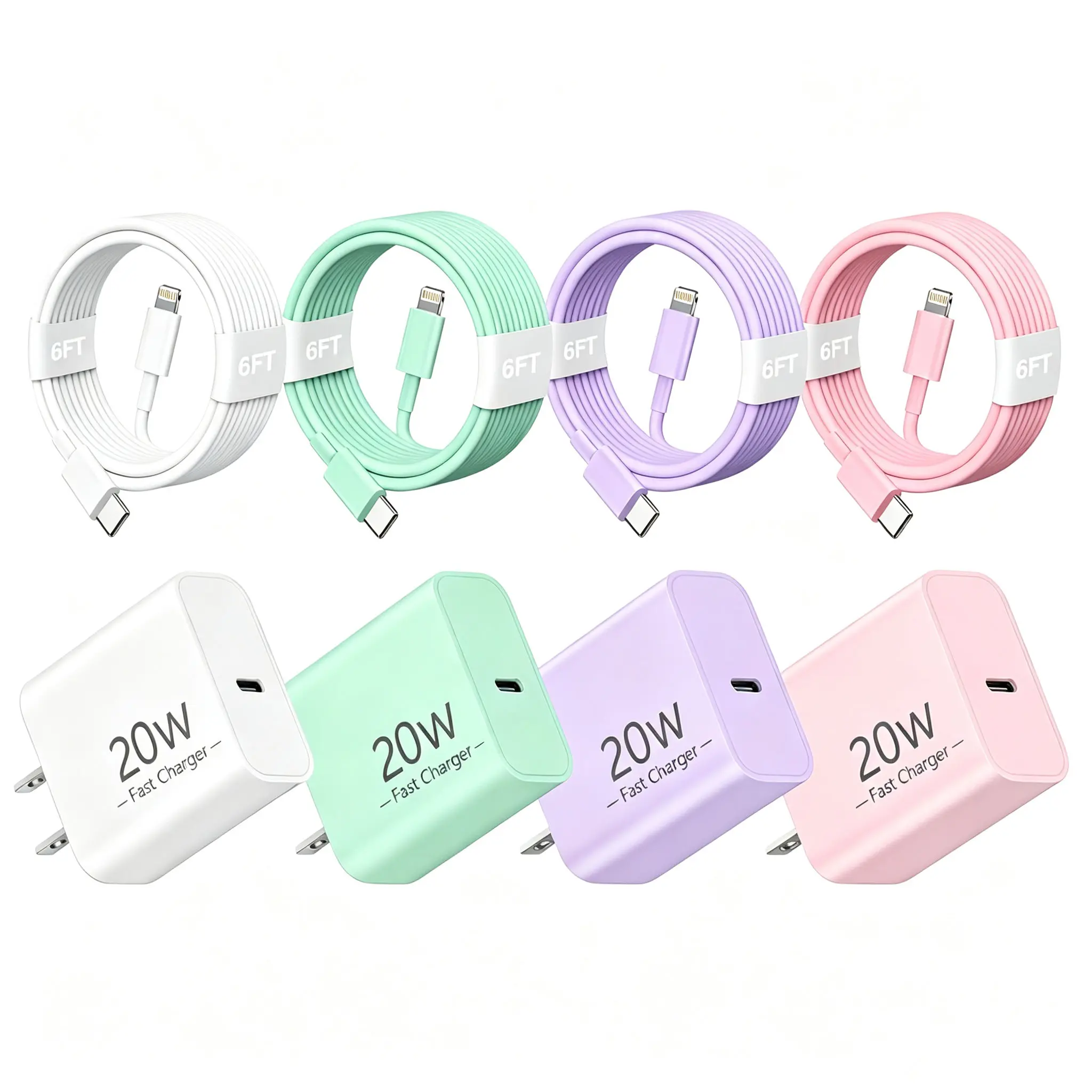 [20W PD Fast Charger] MFi Certified] For iPhone 14 13 12 Fast Charger, 20W PD USB C Wall Charger With 6ft Fast Charging Cable For iPhone 14/14 Pro/14 Pro Max/14 Plus/13/12/11/Pro/Pro Max/Mini/Xs Max/X, iPad - Green/Pink/Purple/White