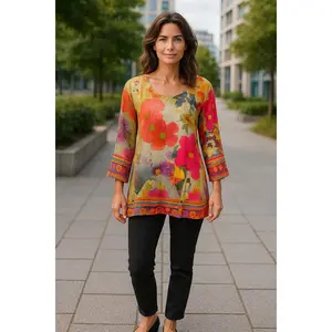 Digital Printed Pure cotton tunic, Multi color, Short Kurti, Soft and Breathable Top. - 1092-L