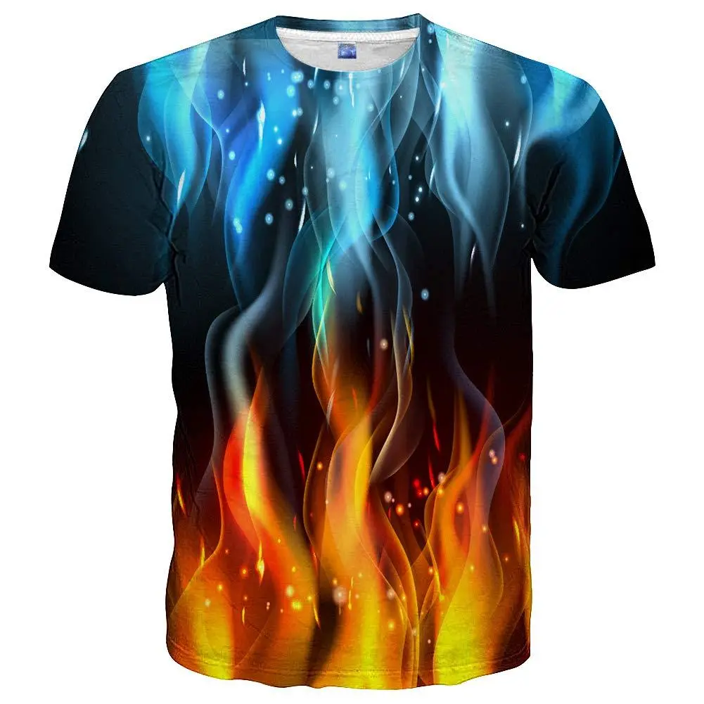 Women's Unisex Vivid 3D Fire Flame Print T-Shirt - Soft Fabric Round Neck Short Sleeve Top for Music Festivals, Casual Wear, Tshirt, Tee, Relaxed Fit, Full-Print, Shortsleeve, Printed
