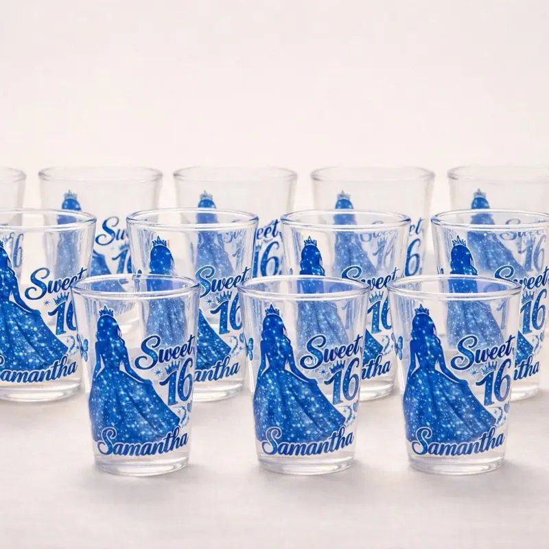 Personalized Quinceañera & Sweet 16 Shot Glasses 12 Pack Elegant Party Favors Princess Style Customized Name Design Organza Bag Included