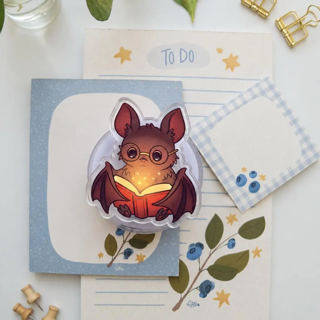 Cute Bat Reading Book Phone Grip Kindle Grip, Book Lover Magnetic Phone Holder, Gothic Bookworm Accessory, Cozy Reading Gift for Readers & Book Club Lovers