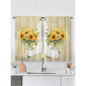 2pcs Sunflower Print Kitchen Window Curtain,Without Holes Curtain,Refer To Bedroom Office Kitchen Living Room Study Home Decor