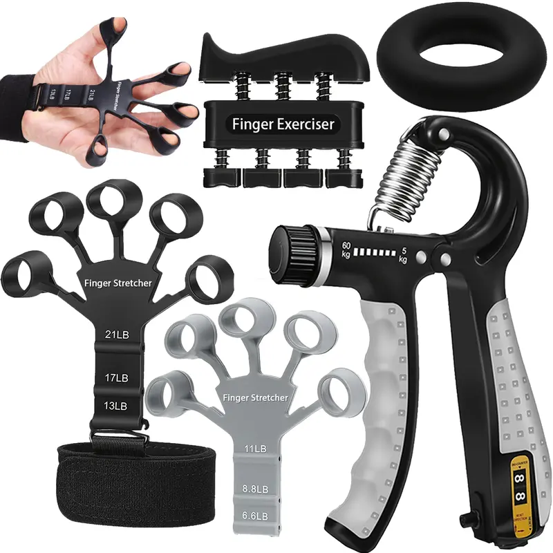 Adjustable Resistance Grip Strength Trainer Kit (4lb, 8.8lb, 11-132 Lbs) - 5-Piece Strength Training Equipment with Finger Stretcher, Forearm Exerciser for Rehabilitation, Climbing Prep (Adults, Teens)