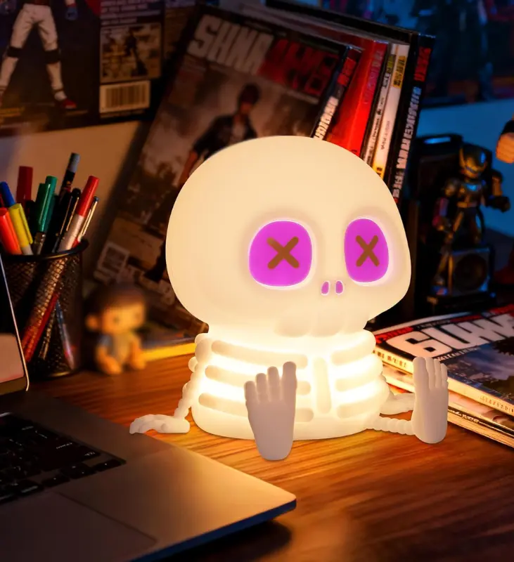 Skeleton Night Light, Silicone Skull Lamp,  2-Level Adjustable Warm Light, Touch Control LED Bedside Lamp for Home, Summerween Party, Halloween Decor, Gift for Christmas Birthday