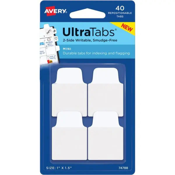 Avery AVE74788 Durable Adhesive UltraTabs 2-Sided Writable Tape Flags, 1x1.5 in, White, for Office Organization & Home Use - 24-Pack for Indexing, Organizing, Referencing