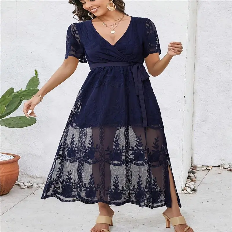 Stunning Mermaid-Inspired V-Neck Lace Belt Maxi Dress - Flowy, Boho Chic,  Bridesmaid, Wedding, Evening, Maternity, Party Wear - Navy Blue, Casual,  Comfortable, Flattering Silhouette - TikTok Shop