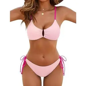 Color Block Textured U-Wire Swimsuits Womens Sexy Cheeky High Cut 2 Piece Bikini Sets