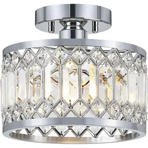 Crystal Ceiling Light Fixture, Modern Semi Flush Mount Ceiling Light, Chrome Lighting Fixtures Ceiling Lamp for Hallway, Kitchen, Entryway, Bedroom, Laundry Room, 9.05 Inch