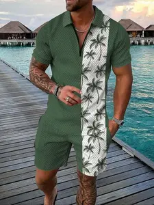 Men's Tropical Coconut Tree Print Short Sleeve Tee & Shorts Set, Regular Fit Casual Round Neck T-shirt & Shorts, Men's Summer Clothes for Beach Vacation, Matching Sets