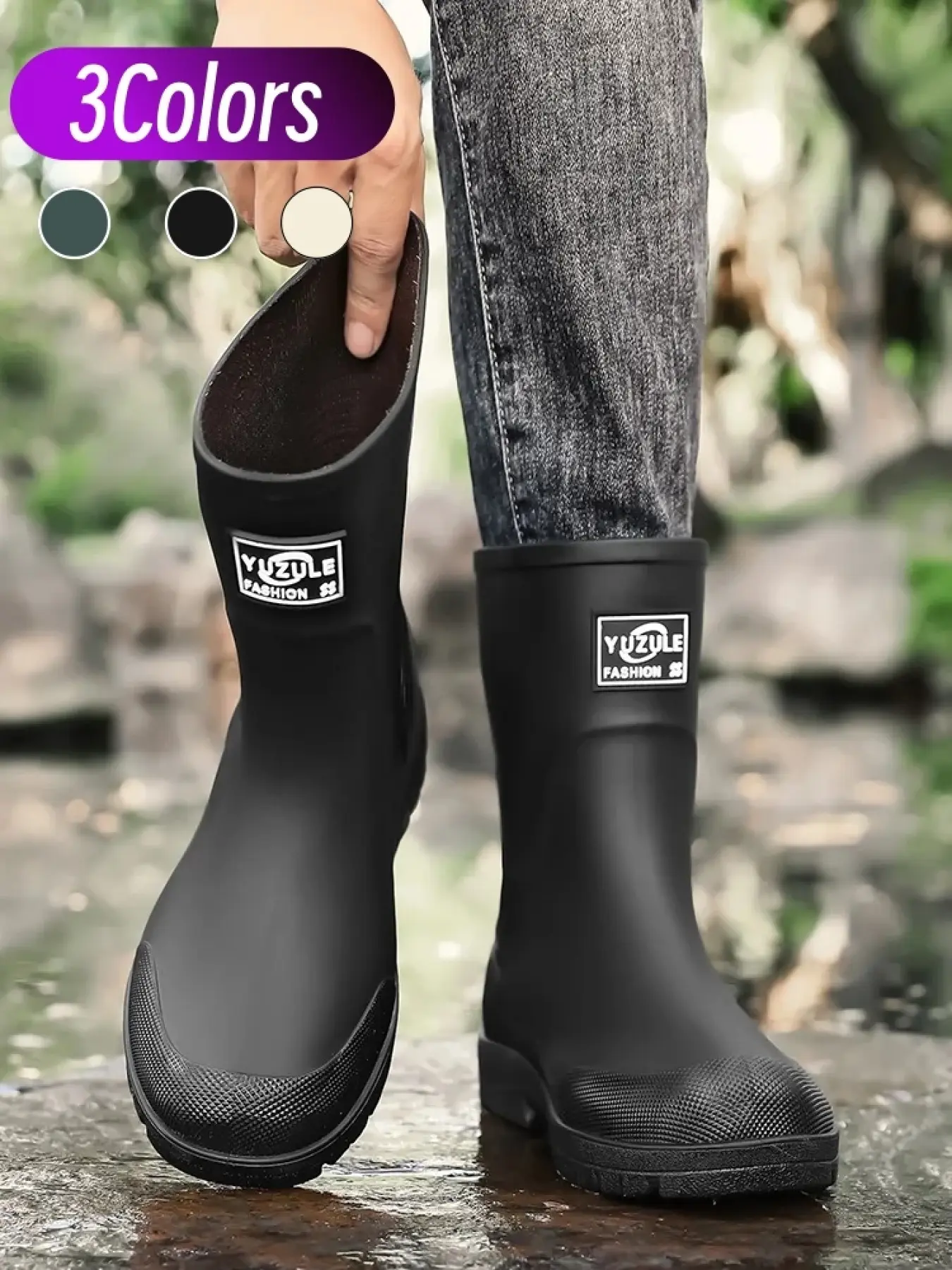 Men Outdoor Wading Rain Boots, Closed, Classic Mid-calf Style, Fully Waterproof, Durable Anti-slip Sole, Ideal for Rainy Commute