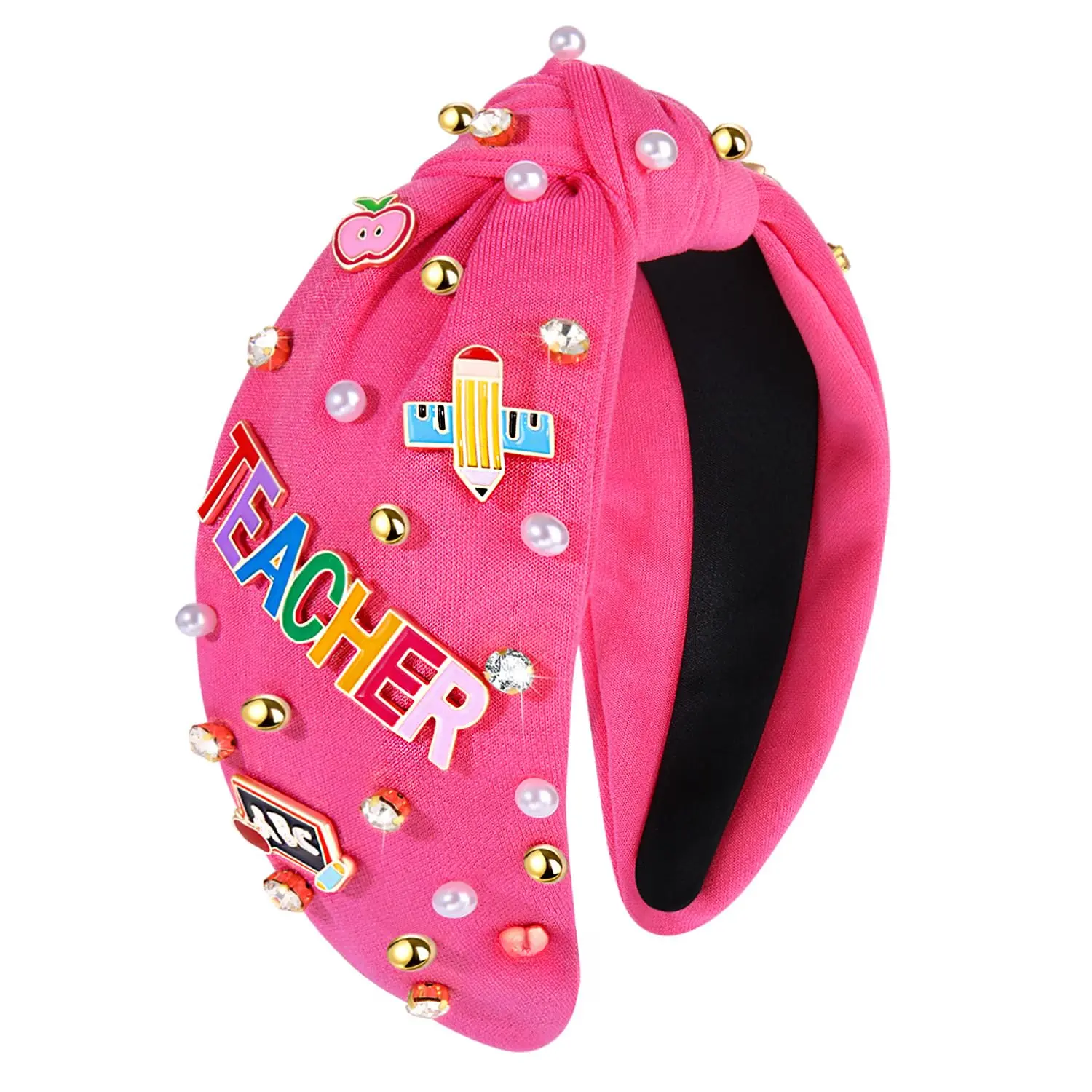 Teacher Headband, Teacher Accessories,   Knotted Headband for Women Cute Book Pencil Teach Charms Embellished Jeweled Top Knot Hairband, Teacher Appreciation Gifts ( H)