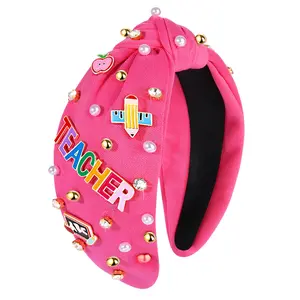 Teacher Headband, Teacher Accessories,   Knotted Headband for Women Cute Book Pencil Teach Charms Embellished Jeweled Top Knot Hairband, Teacher Appreciation Gifts ( H)
