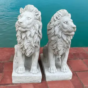 Pair of lions figurine Two guardian lions on base figures Outdoor entrance art Stone couple lions for front door Made in USA