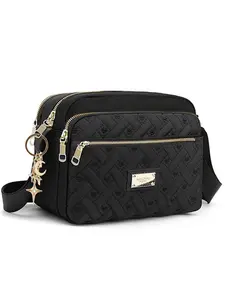 Creative Zipper Heart Embroidered Crossbody Shoulder Bag, Multi-Pocket Large Capacity Oxford Fabric Purse for Work Party Makeup, Double Zipper Purse