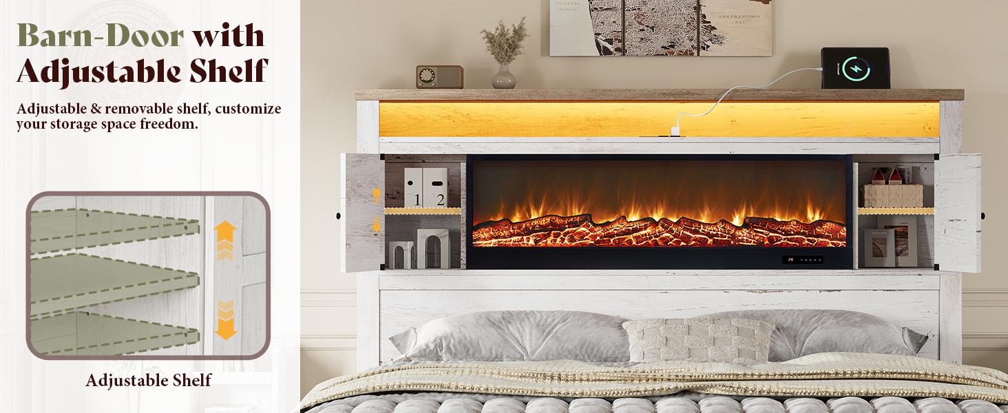[Ships in 2 Boxes] VanAcc Bed Frame with Fireplace, Farmhouse Storage Platform Bed with 57" Headboard, Barn Door Cabinets, 4 Drawers & 2 Bedside Racks, RGB LED & Charging Station