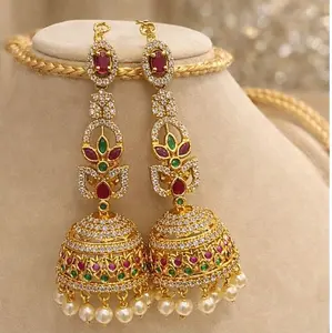 Elegant Gold-Toned Jhumka Earrings with Ruby & Emerald Stones and Pearl Accents for Festive Wear