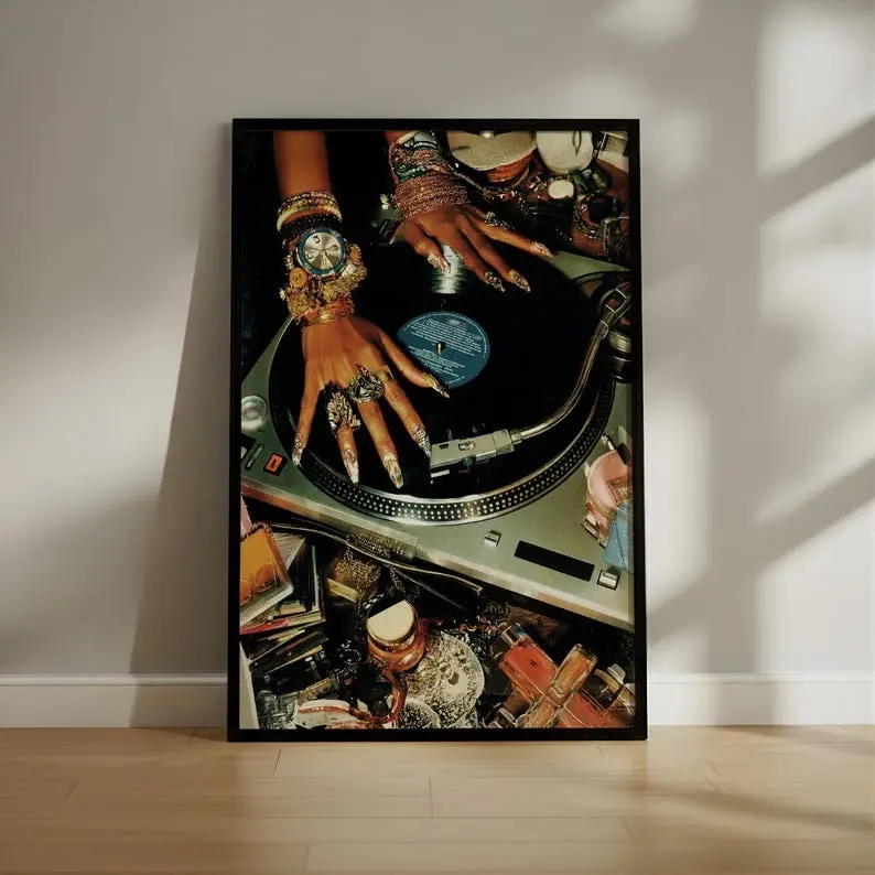 Vintage Vinyl DJ Glam Poster – Luxury Jewelry & Turntable Wall Art No Frame